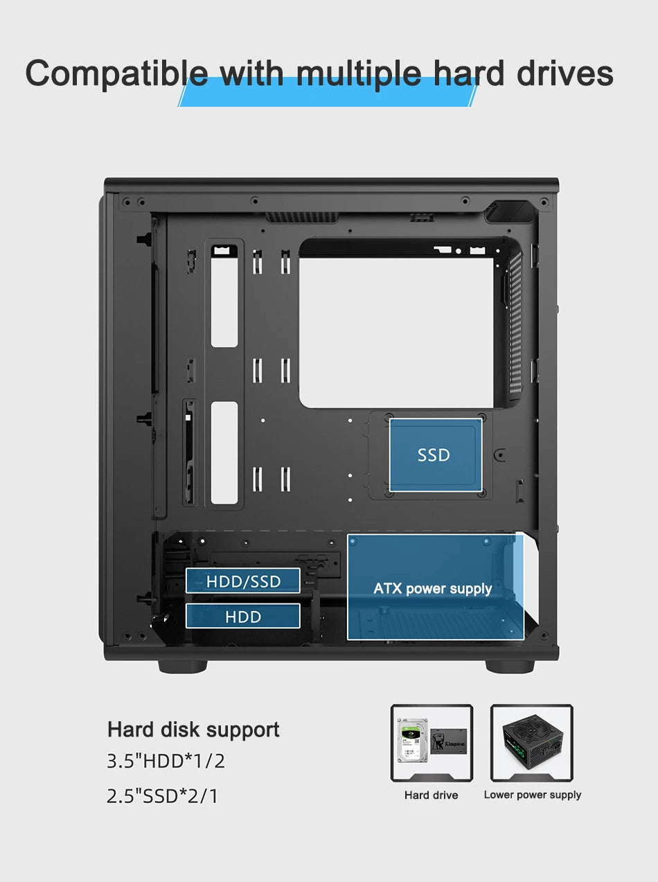 Power Train V1 MATX ITX Chassis Desktop Computer Side Transparent Glass Vertical Host Support 240/280 Water Cooling PC Case