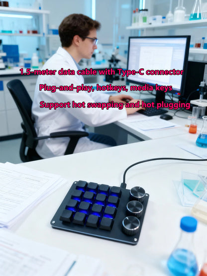 Customizable Mini Keyboard with 3 Rotary Knobs + 16 Keys Multi-Layer Mode Office Design Media Entertainment Financial Work
