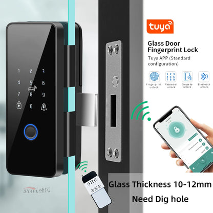 Tuya APP Fingerprint Lock Bluetooth Smart Glass Door Biometric Electronic Control Door Lock 13.56Mhz RFID Remote Unlock