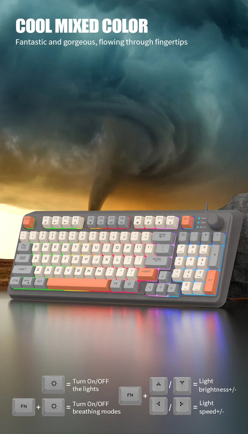 Keyboard 94 Keys 90% Layout Spanish Russian Korean Arabic Keyboard USB Wired RGB Light Volume Knob Ergonomics Gaming Office K82
