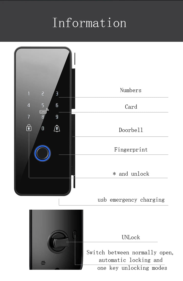 Tuya APP Fingerprint Lock Bluetooth Smart Glass Door Biometric Electronic Control Door Lock 13.56Mhz RFID Remote Unlock