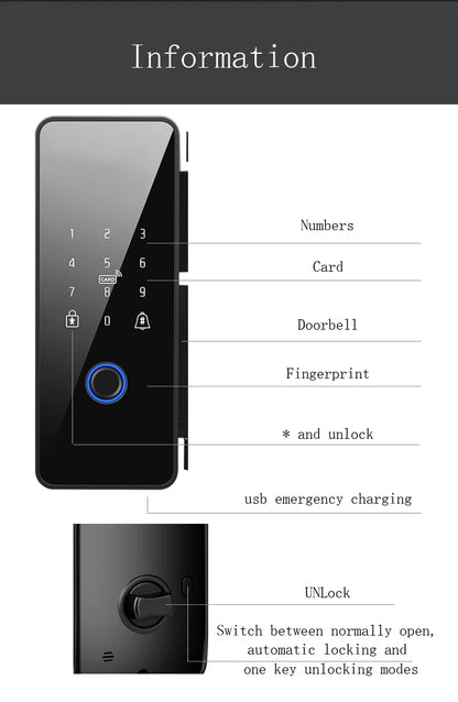 Tuya APP Fingerprint Lock Bluetooth Smart Glass Door Biometric Electronic Control Door Lock 13.56Mhz RFID Remote Unlock