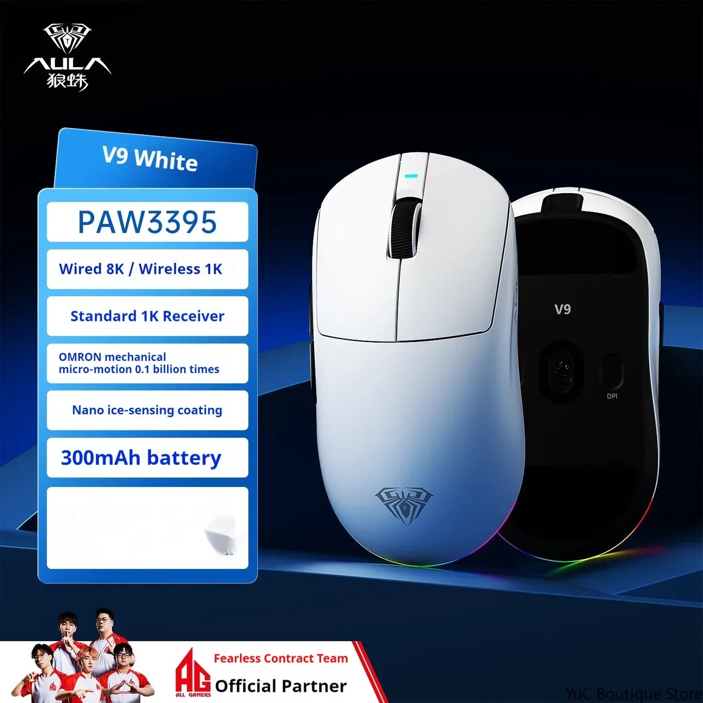 Aula V9 Ultra Wireless Gaming Mouse Custom Esports Design Dual 8K 3 Mode PAW3950 Sensor 55g Lightweight Ergonomic Accessory