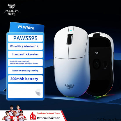 Aula V9 Ultra Wireless Gaming Mouse Custom Esports Design Dual 8K 3 Mode PAW3950 Sensor 55g Lightweight Ergonomic Accessory