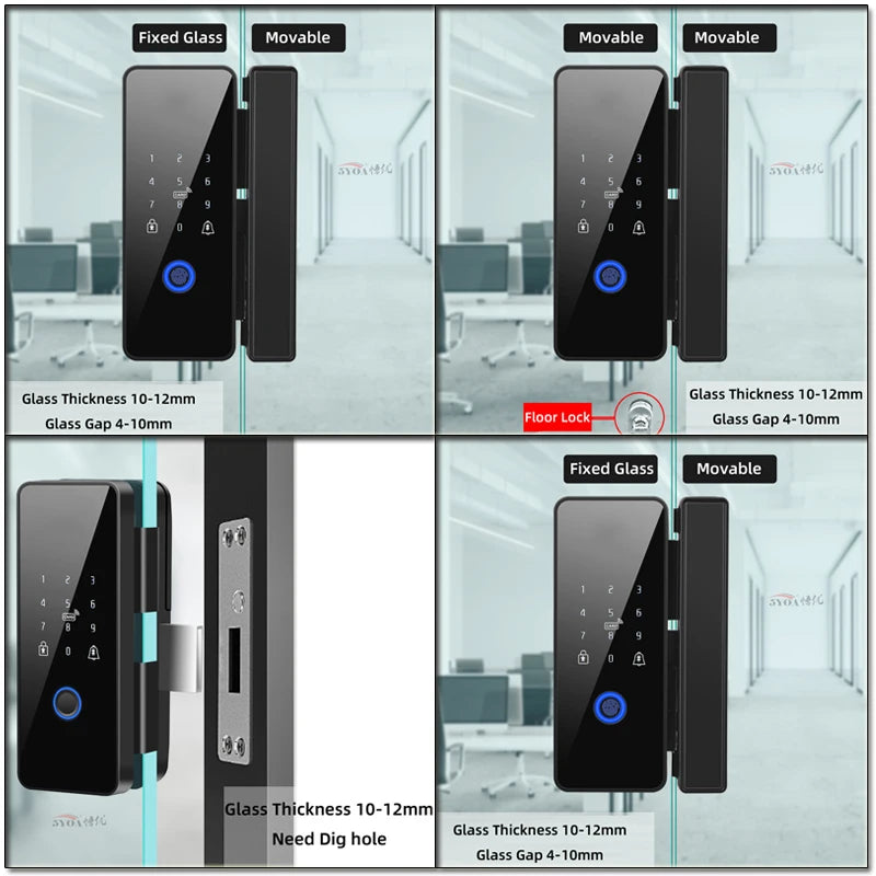 Tuya APP Fingerprint Lock Bluetooth Smart Glass Door Biometric Electronic Control Door Lock 13.56Mhz RFID Remote Unlock