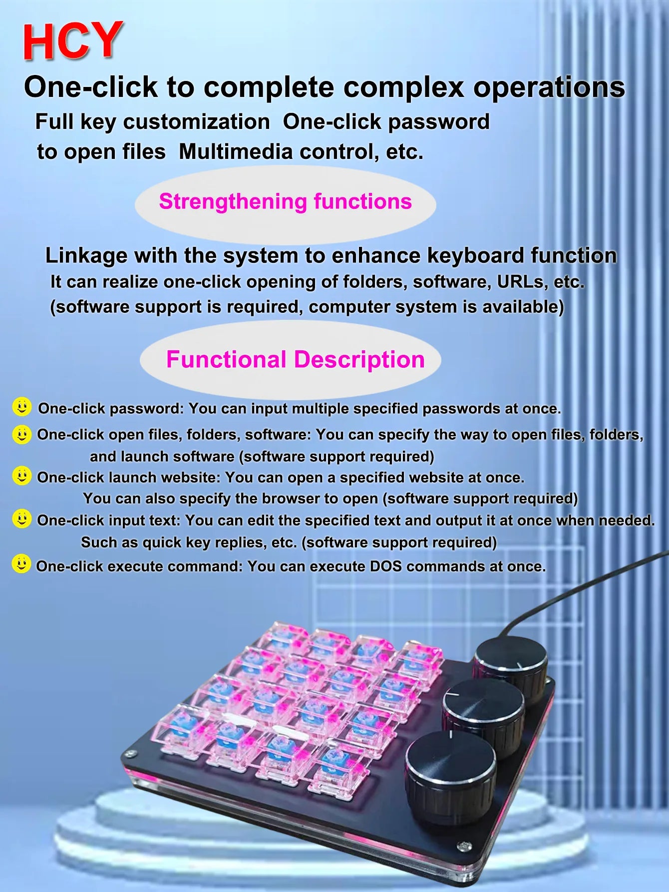 Customizable Mini Keyboard with 3 Rotary Knobs + 16 Keys Multi-Layer Mode Office Design Media Entertainment Financial Work