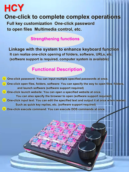 Customizable Mini Keyboard with 3 Rotary Knobs + 16 Keys Multi-Layer Mode Office Design Media Entertainment Financial Work