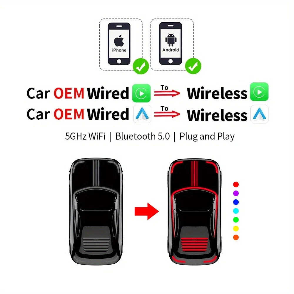 2-in-1 car CarPlay equipped with color ambient lights, plug and play, voice control, suitable for 90% of vehicle models