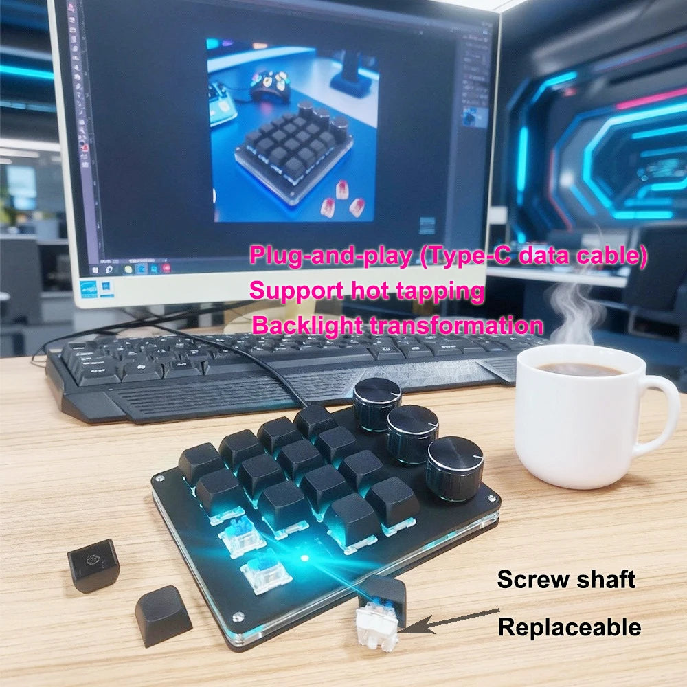 Customizable Mini Keyboard with 3 Rotary Knobs + 16 Keys Multi-Layer Mode Office Design Media Entertainment Financial Work