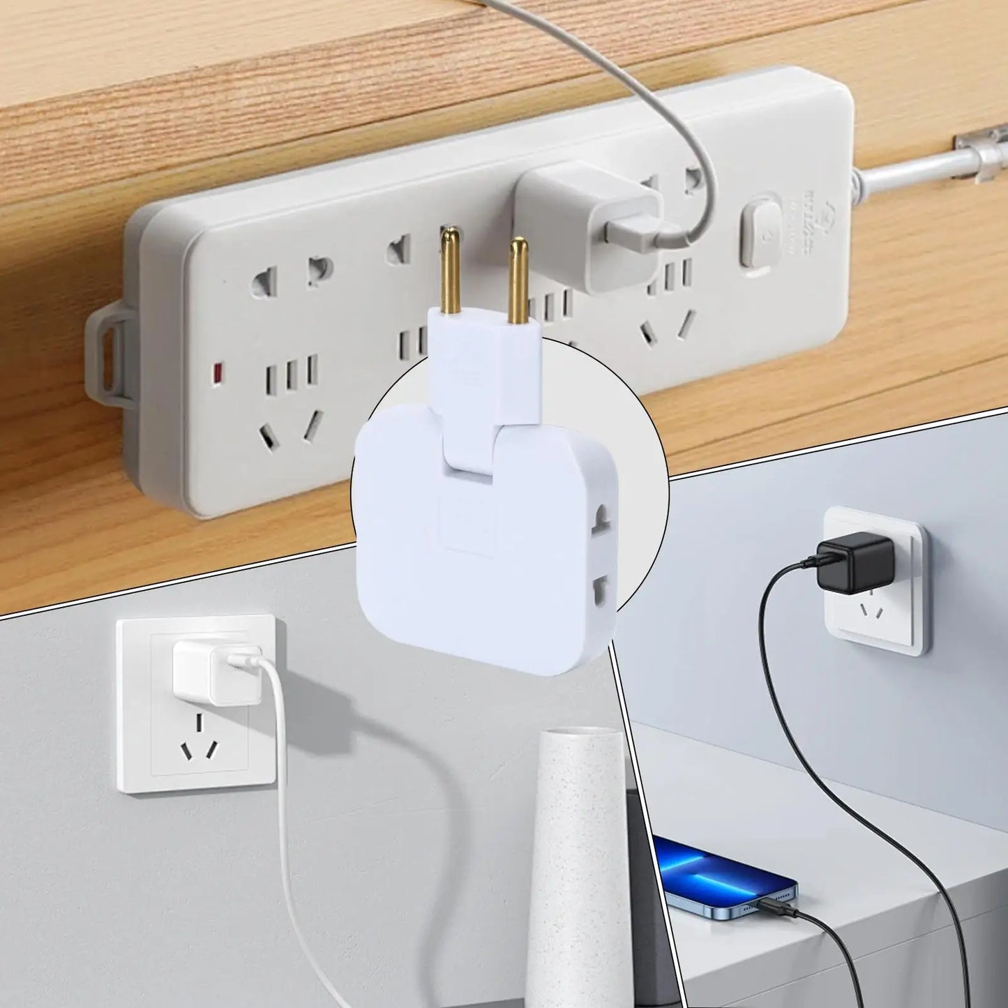3 Way Outlet Adapters Multiple Outlet Splitter 2500W Multifunctional Space Saving Portable 180 Degree Rotating Tip Flat