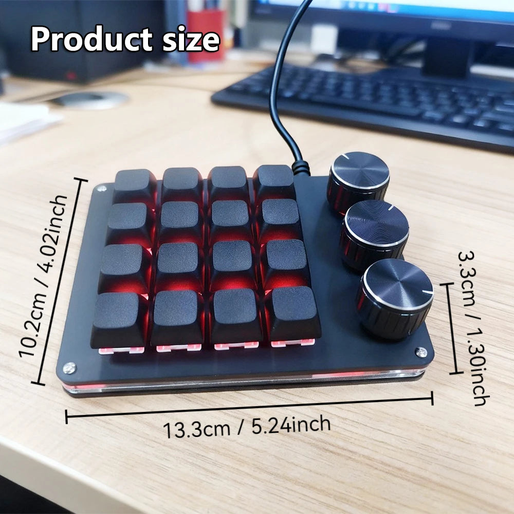 Customizable Mini Keyboard with 3 Rotary Knobs + 16 Keys Multi-Layer Mode Office Design Media Entertainment Financial Work