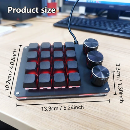Customizable Mini Keyboard with 3 Rotary Knobs + 16 Keys Multi-Layer Mode Office Design Media Entertainment Financial Work