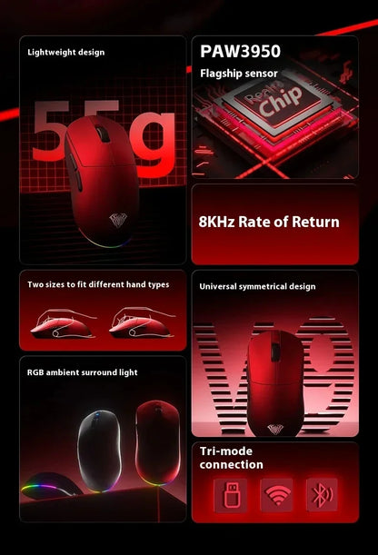 Aula V9 Ultra Wireless Gaming Mouse Custom Esports Design Dual 8K 3 Mode PAW3950 Sensor 55g Lightweight Ergonomic Accessory