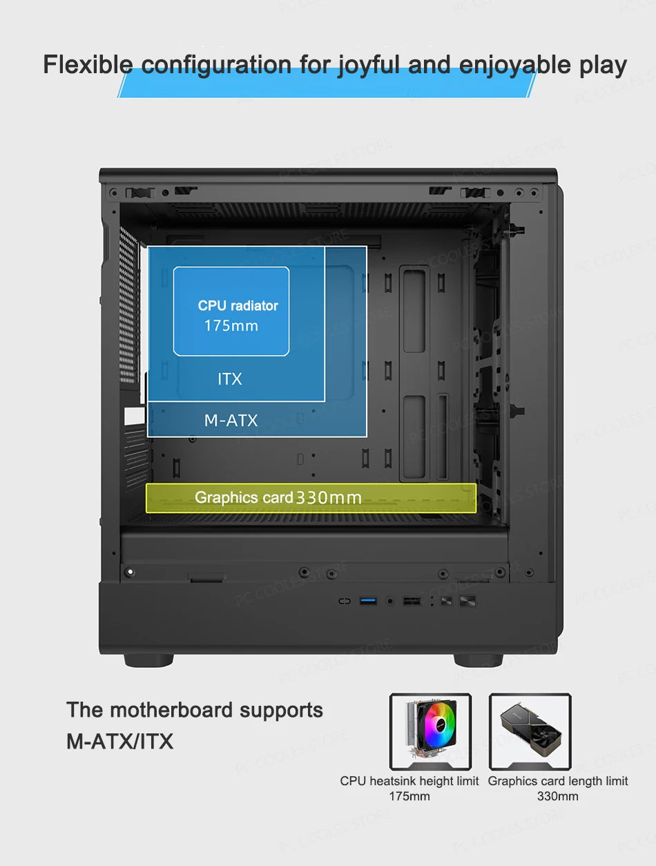 Power Train V1 MATX ITX Chassis Desktop Computer Side Transparent Glass Vertical Host Support 240/280 Water Cooling PC Case