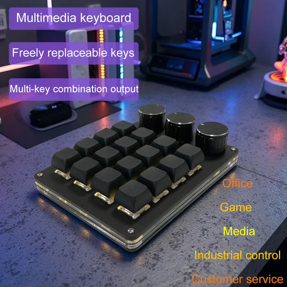 Customizable Mini Keyboard with 3 Rotary Knobs + 16 Keys Multi-Layer Mode Office Design Media Entertainment Financial Work