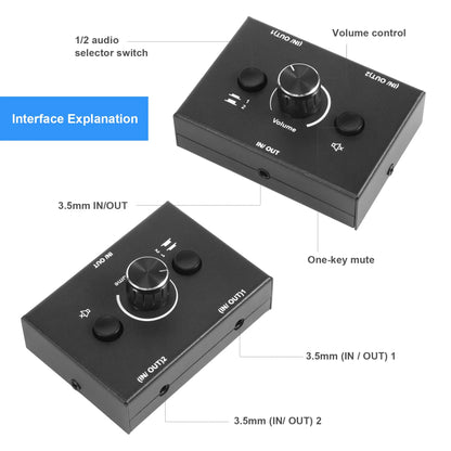 LSJD 3.5mm Audio Switcher, 2 Input 1 Output/1 Input 2 Output Audio Splitter Switcher, Audio Switcher Box, One-Key Mute Button