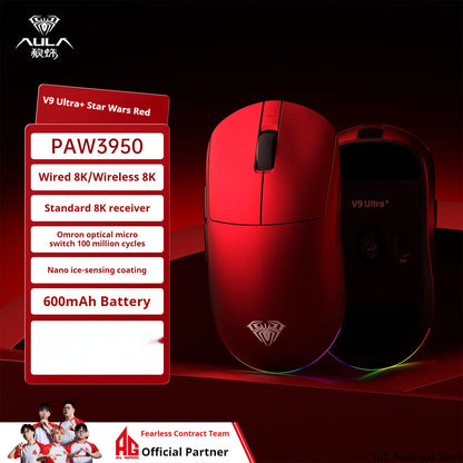 Aula V9 Ultra Wireless Gaming Mouse Custom Esports Design Dual 8K 3 Mode PAW3950 Sensor 55g Lightweight Ergonomic Accessory
