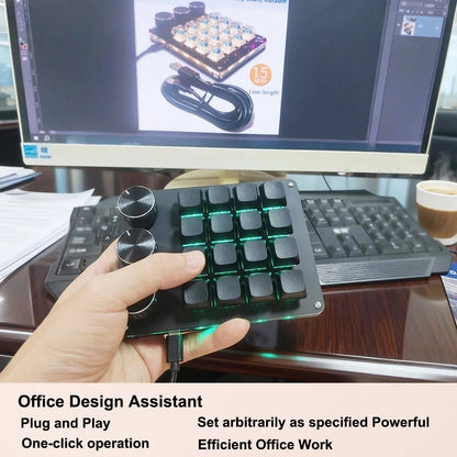 Customizable Mini Keyboard with 3 Rotary Knobs + 16 Keys Multi-Layer Mode Office Design Media Entertainment Financial Work