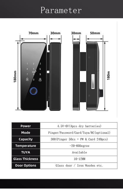 Tuya APP Fingerprint Lock Bluetooth Smart Glass Door Biometric Electronic Control Door Lock 13.56Mhz RFID Remote Unlock