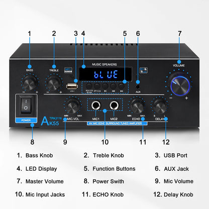 Woopker AK35/AK45/AK45 Pro/AK55 Digital Amplifier Bluetooth Sound Amplifier 2 Channel HIFi FM USB Audio Amp For Home Car Karaoke