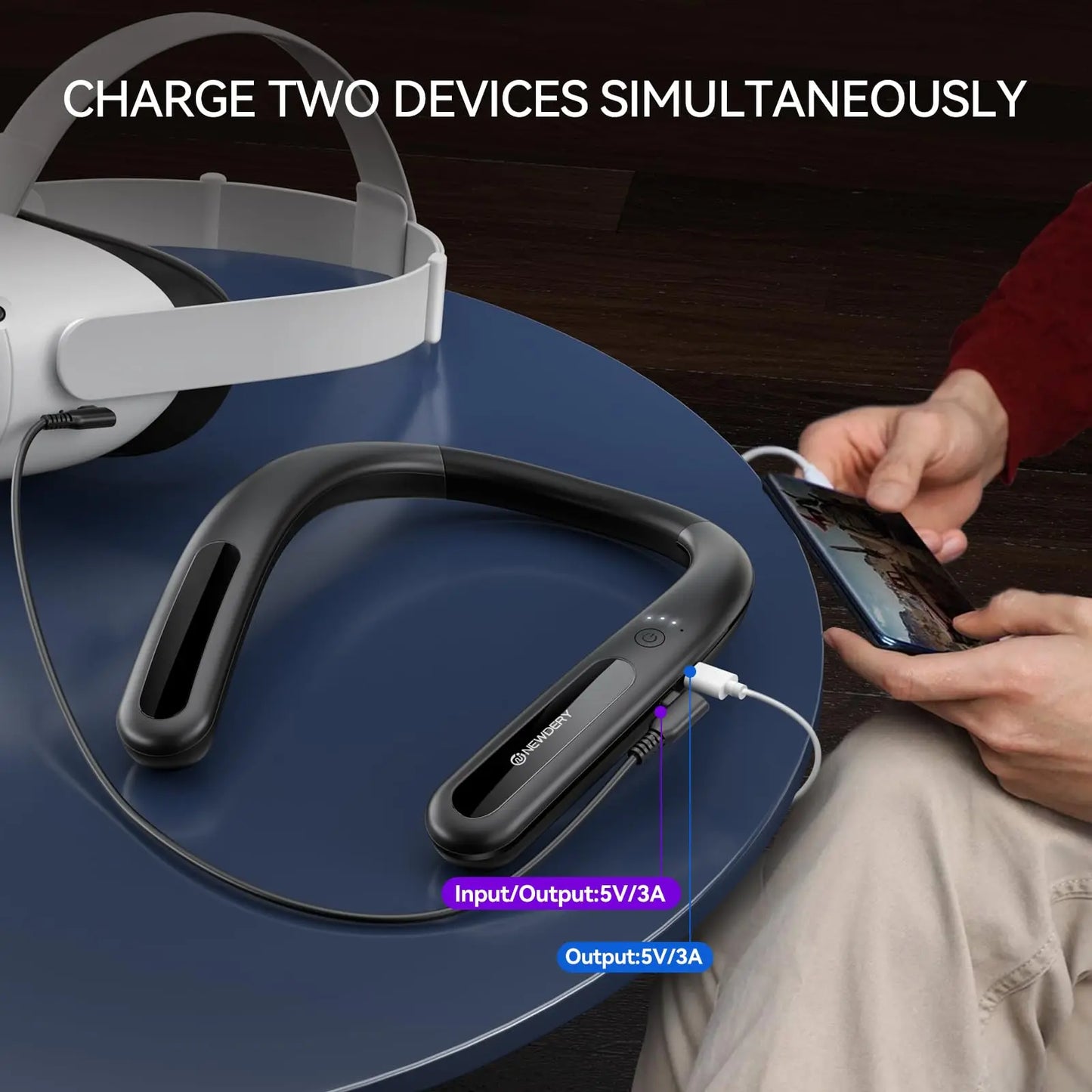 NEWDERY 10000mAh Hanging Neck Power Bank for Meta Quest 3S / 3/2 / Pro, Pico 4/4 Pro, HTC Vive, PSVR 2 Fast Charger Battery Pack