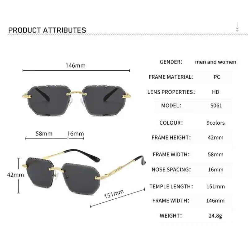 Rimless Square Metal Sun Glasses Women Men Fashion Luxury Sun Glasses Beach Travel Eyeglasses Lady Man UV400 Protective Glasses