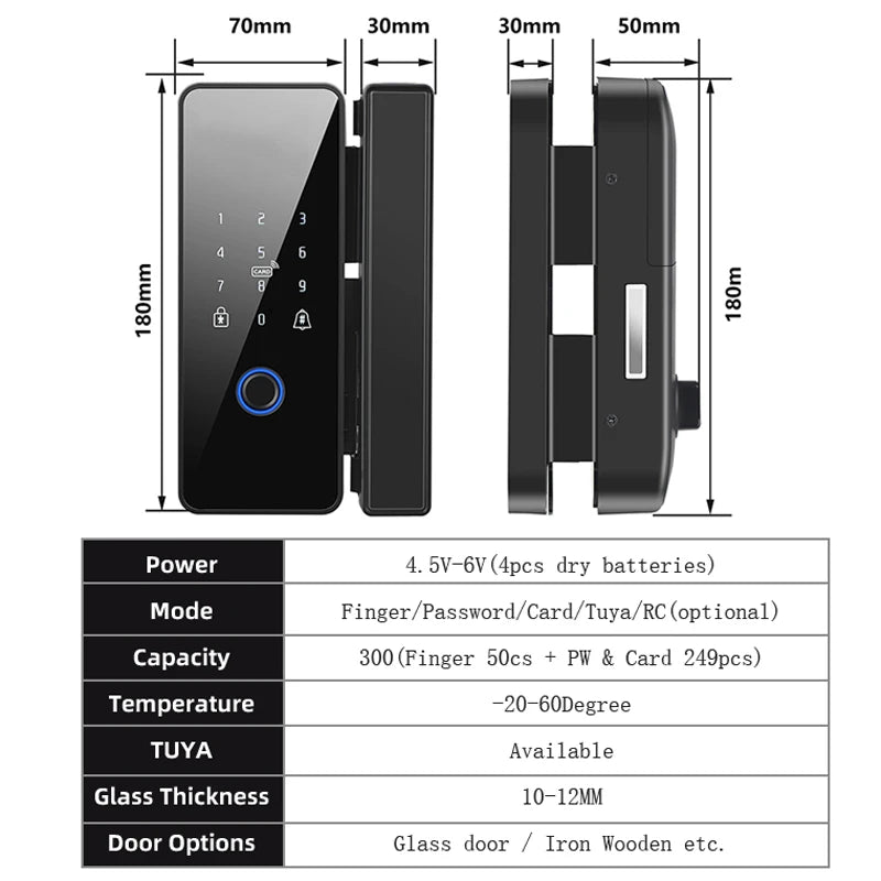Tuya APP Fingerprint Lock Bluetooth Smart Glass Door Biometric Electronic Control Door Lock 13.56Mhz RFID Remote Unlock