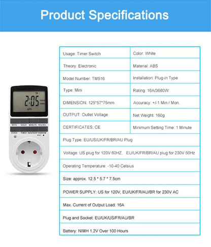 EU Electronic Digital Timer Switch US FR BR Plug Kitchen Timer Socket Outlet 230V 110V 7 Day 12/24 Hour Programmable Timing