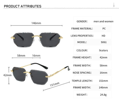 Rimless Square Metal Sun Glasses Women Men Fashion Luxury Sun Glasses Beach Travel Eyeglasses Lady Man UV400 Protective Glasses