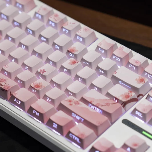 Pink Cherry Blossom Keycap with Side Engraved Translucent PBT 127 Keys Compatible with MX Mechanical Keyboard 61 75 86 104 108