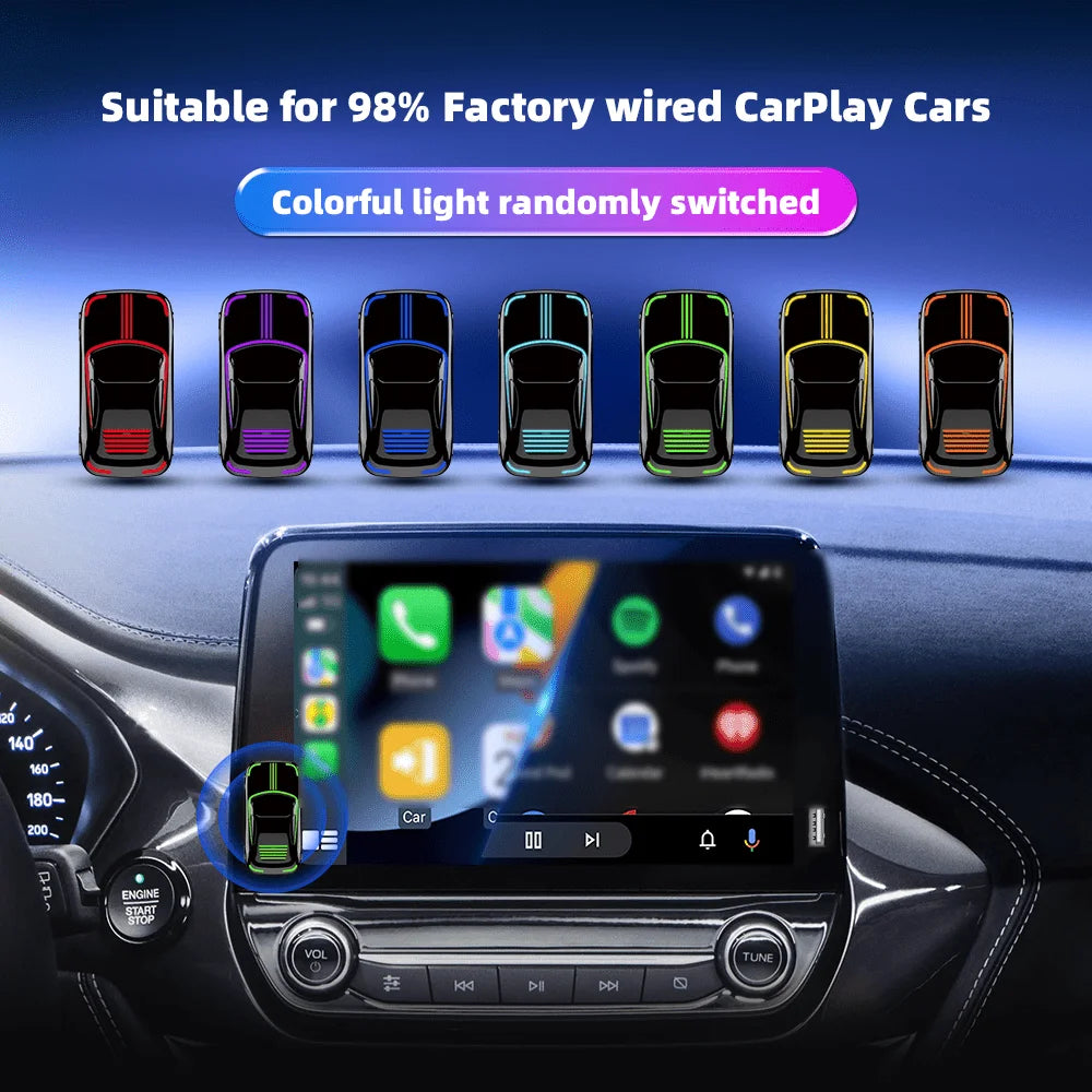 2-in-1 car CarPlay equipped with color ambient lights, plug and play, voice control, suitable for 90% of vehicle models